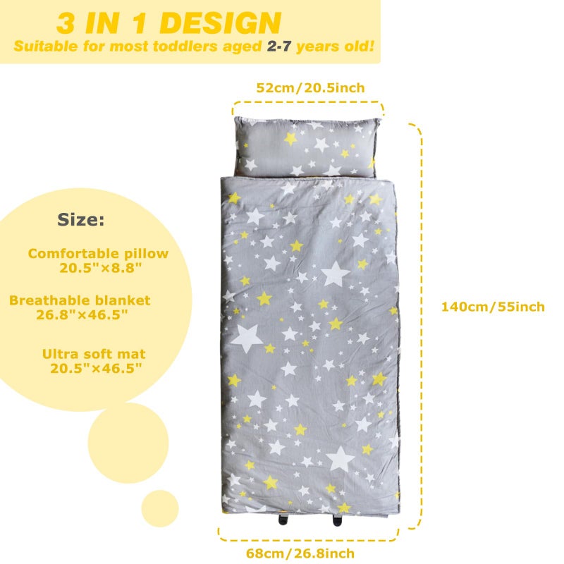 Hi Sprout Minky Dot Toddlers Nap Mat with Removable Pillow and Soft Blanket, Lightweight Daycare Preschool Kindergarten Sleeping Bag, Travel Slumber for Kids Girls Boys (Stars) - Image 2